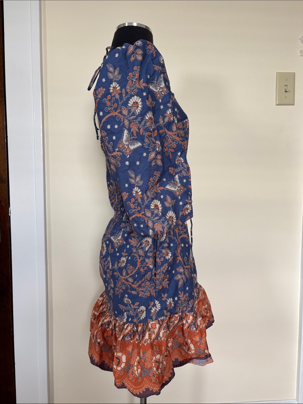 House of Harlow Navy Blue Orange Floral Puff-Sleeve Smocked Mini Dress - Picture 7 of 13
